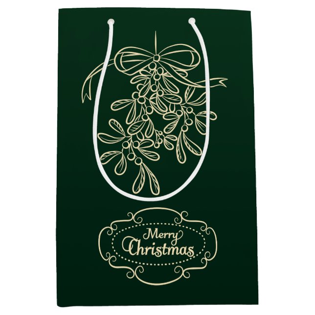 Merry Christmas Mistletoe Calligraphy Green Medium Gift Bag (Front)