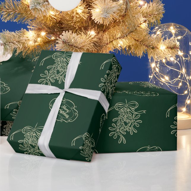 Merry Christmas Mistletoe Calligraphy Green Wrapping Paper (Holidays)