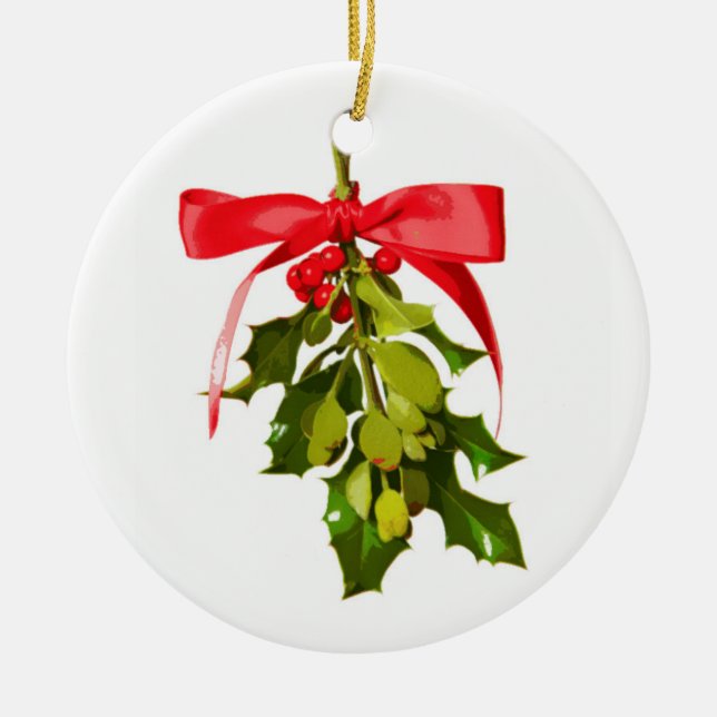 Merry Christmas mistletoe Ceramic Tree Decoration (Front)