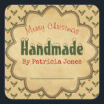 Merry Christmas Mistletoe For Handmade Gifts Square Sticker<br><div class="desc">When giving your famous pack of handmade gingerbread creations, cookies, fruit mince pies, candle or spa products you are getting everyone into the Christmas holiday spirit! This vintage sticker has a mistletoe pattern on a vintage parchment paper background, and it says "Merry Christmas" to the people who will receive your...</div>