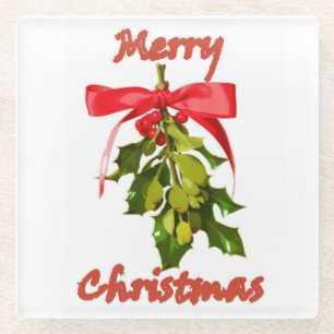 merry christmas mistletoe glass coaster