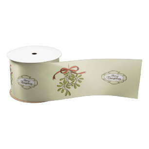 Merry Christmas Mistletoe Greeting Green Satin Ribbon