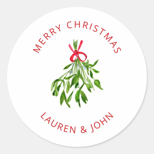 Merry Christmas Mistletoe Newly wed  Classic Round Sticker (Front)