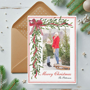 Merry Christmas Mistletoe Red Bow Family Photo Holiday Card