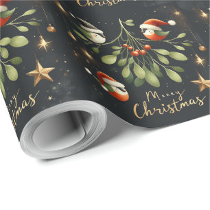 Merry Christmas Mistletoe Santa Robin Wrapping Paper