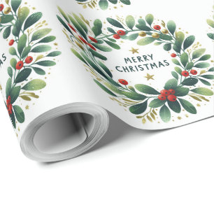 Merry Christmas Mistletoe Wreath Wrapping Paper