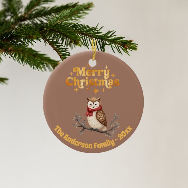 Merry Christmas mocha gold cute owl Ceramic Ornament (Creator Uploaded)