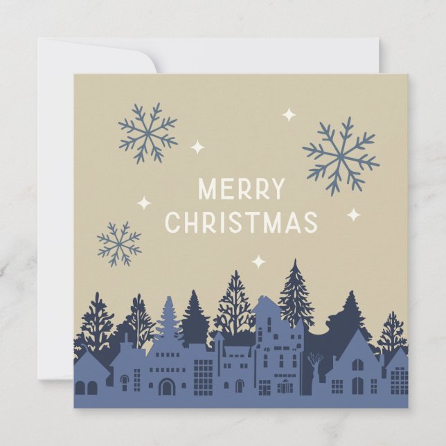 Merry Christmas Mod Village Blue Holiday Card (Front)