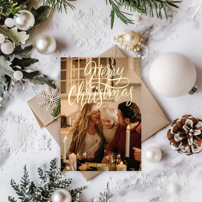 Merry Christmas Modern 2 Family Photo Gold Foil Holiday Card (Christmas Card Retro Gold Foil  with Photo Collage)