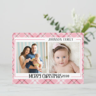 Merry Christmas modern 3 family photo pink plaid  Holiday Card