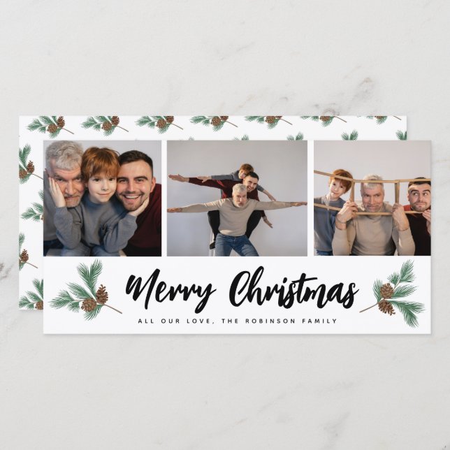 Merry Christmas Modern 3 Photo Collage  Holiday Card (Front/Back)