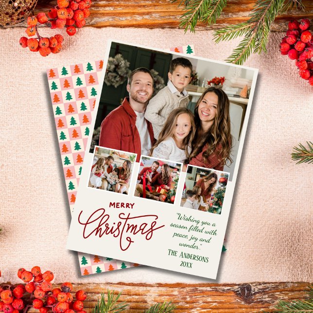 Merry Christmas modern 4 family photo cute simple Holiday Card (Creator Uploaded)