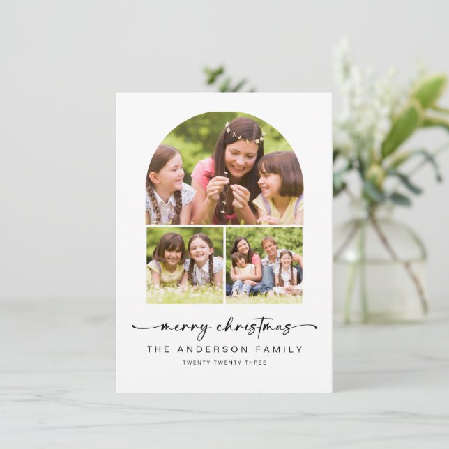Merry Christmas | Modern Arch 3 Photos Holiday Card (Standing Front)