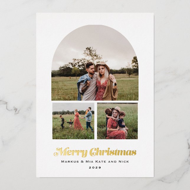 Merry Christmas Modern Arch Multi photo Foil Holiday Card (Front)