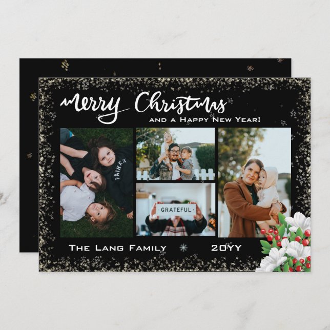 Merry Christmas Modern Black Photo Snow | Florals Holiday Card (Front/Back)