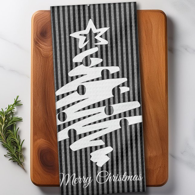 Merry Christmas Modern Black Stripe Personalised Tea Towel (Merry Christmas Modern Black Stripe Personalized Kitchen Towel)