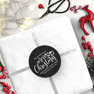 Merry Christmas Modern Black White Classic Round Sticker