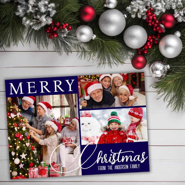 Merry Christmas Modern Blue And White Three Photo Holiday Card (Merry Christmas Modern Blue And White Three Photo Holiday Card)