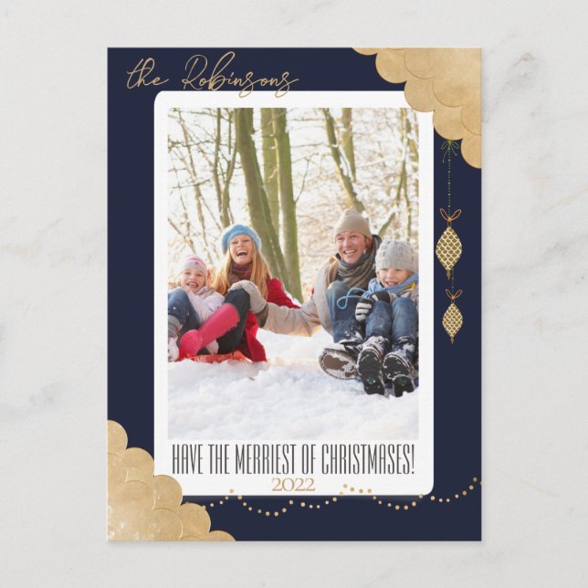 Merry Christmas | Modern Blue Photo Dark Navy Blue Holiday Postcard (Front)