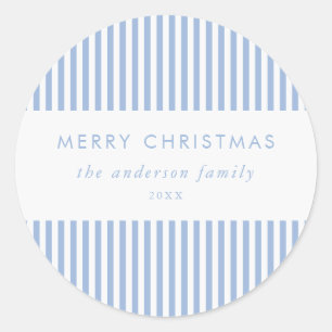 Merry Christmas Modern Blue Stripes Classic Round Sticker