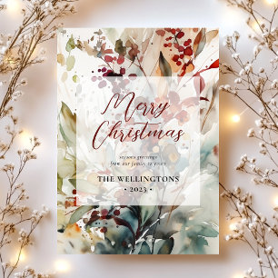 Merry Christmas Modern Botanical Watercolor Holiday Card