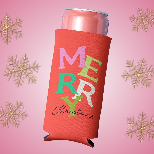 Merry Christmas Modern Bright Holiday Seltzer Can Cooler (Merry Christmas can cooler with fun, colorful typography design )