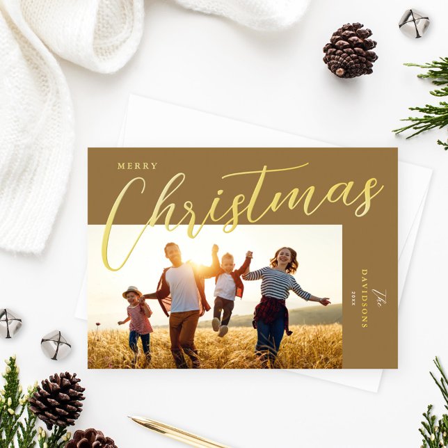 Merry Christmas Modern Bronze Gold Script Photo Foil Holiday Card (Creator Uploaded)