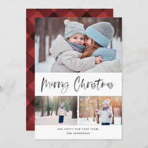 Merry Christmas Modern Brush Script Collage Photo Holiday Card