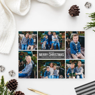 Merry Christmas Modern Charcoal Grey Photo Collage Holiday Card