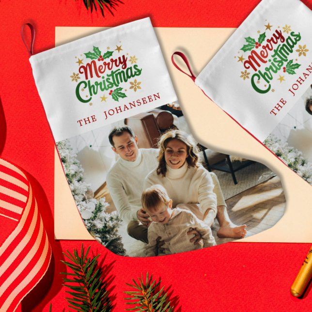 Merry Christmas Modern Classic Simple Family Photo Small Christmas Stocking (Creator Uploaded)