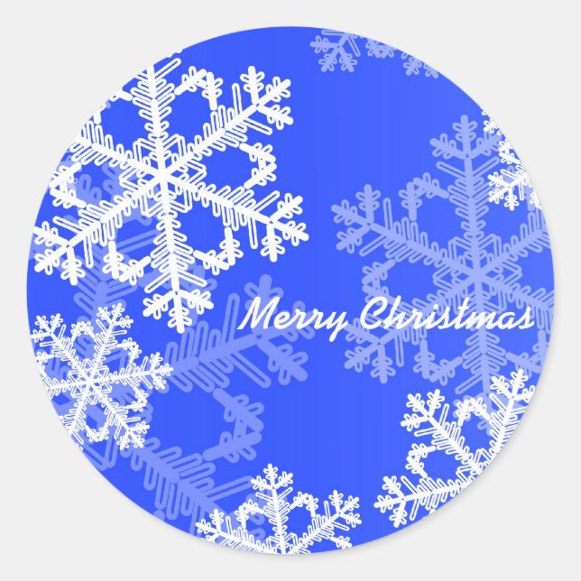 Merry Christmas Modern Cobalt Blue Snowflakes Classic Round Sticker (Front)