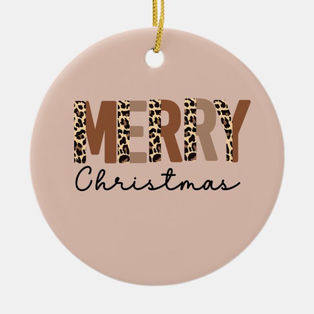 "Merry Christmas" Modern Colour Block Leopard Boho Ceramic Ornament (Front)