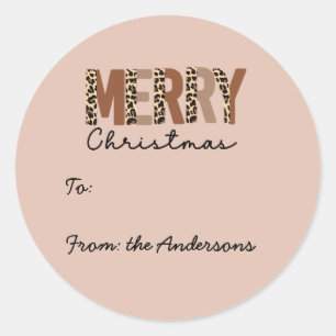 "Merry Christmas" Modern Colour Block Leopard Boho Classic Round Sticker