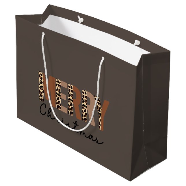 "Merry Christmas" Modern Colour Block Leopard Boho Large Gift Bag (Back Angled)