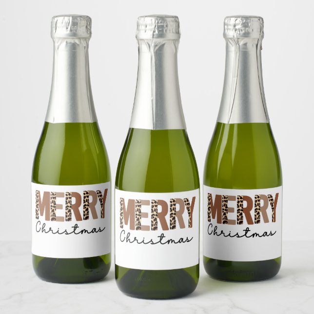 "Merry Christmas" Modern Colour Block Leopard Boho Sparkling Wine Label (Bottles)