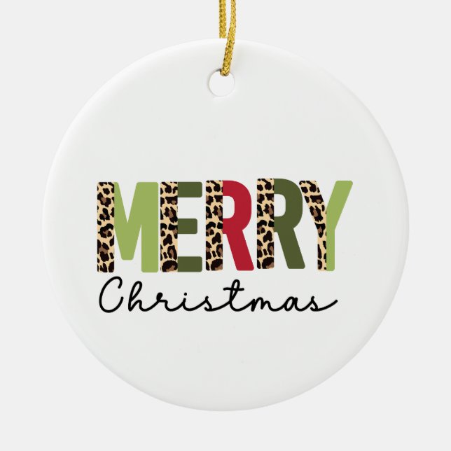 "Merry Christmas" Modern Colour Blocked Leopard  Ceramic Ornament (Front)