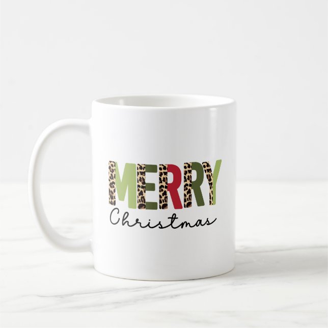 "Merry Christmas" Modern Colour Blocked Leopard  Coffee Mug (Left)