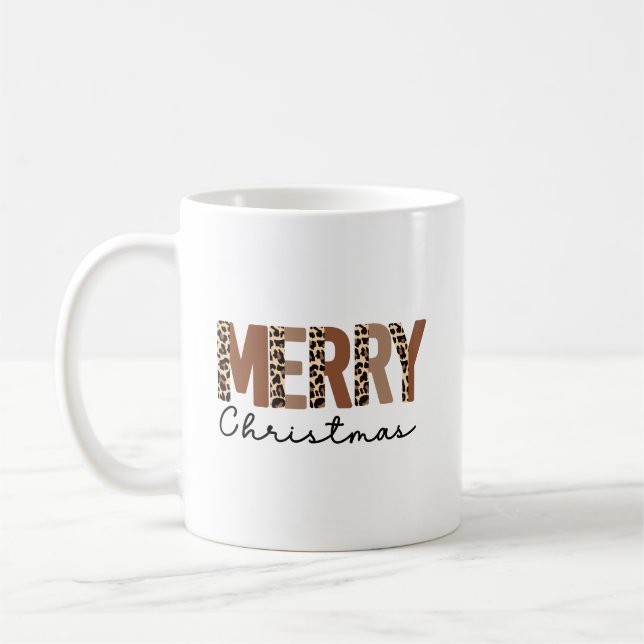 "Merry Christmas" Modern Colour Blocked Leopard  Coffee Mug (Left)