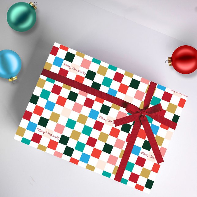 Merry Christmas Modern Colourful Chequerboard Wrapping Paper (Modern Colorful Checkerboard Pattern Merry Christmas Script Type Holiday GIft Wrapping Paper)