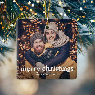 Merry Christmas Modern Couple Photo Ceramic Ornament