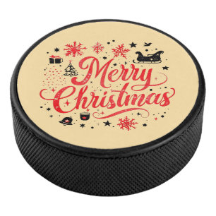 Merry Christmas Modern Design   Red & White Hockey Puck