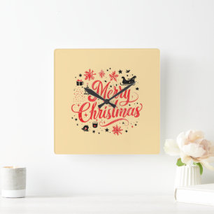 Merry Christmas Modern Design   Red & White Square Wall Clock