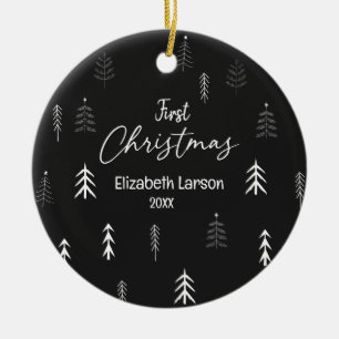 Merry Christmas Modern Elegant Black First Baby Ceramic Ornament