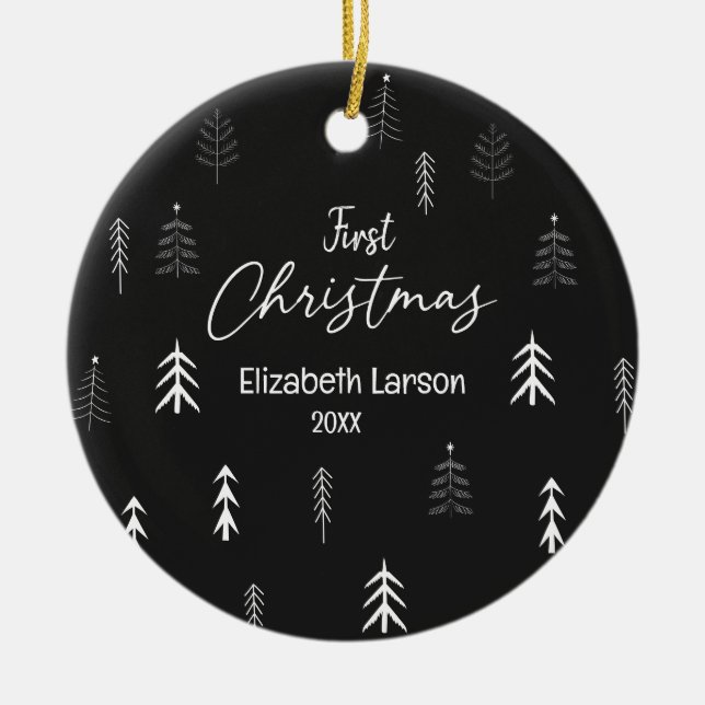 Merry Christmas Modern Elegant Black First Baby Ceramic Ornament (Front)