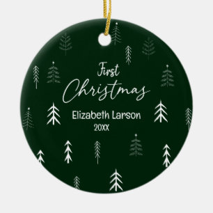 Merry Christmas Modern Elegant Green First Baby Ceramic Ornament