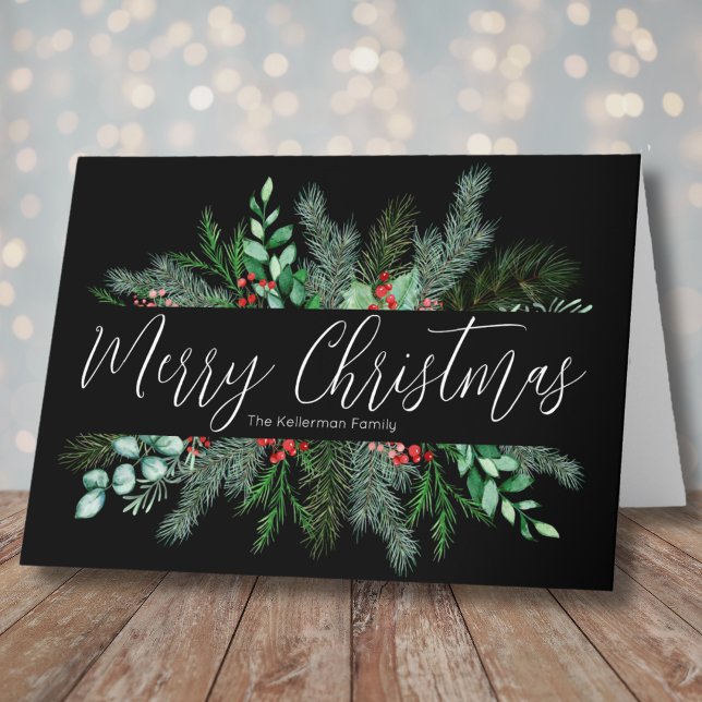 Merry Christmas Modern Elegant Greenery Holiday Card (Modern Black Elegant Greenery Merry Christmas Holiday Card)