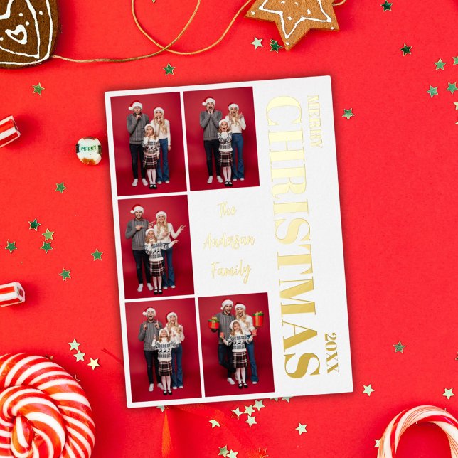 Merry Christmas Modern Family 5 Photo Collage Gold Foil Holiday Card (Merry Christmas Minimalist Family 5 Photo Collage Foil Holiday Card)