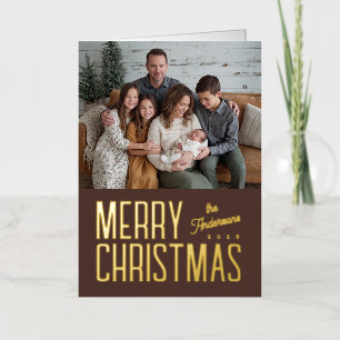 Merry Christmas Modern Family Photo - Brown Foil Holiday Card