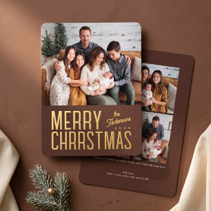 Merry Christmas Modern Family Photo - Brown Foil Holiday Card