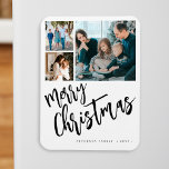 Merry Christmas modern family photo collage Magnet<br><div class="desc">Modern stylish Merry Christmas black and white handwritten calligraphy script 3 family photos simple white holiday keepsake festive magnet with your custom personalised text.</div>